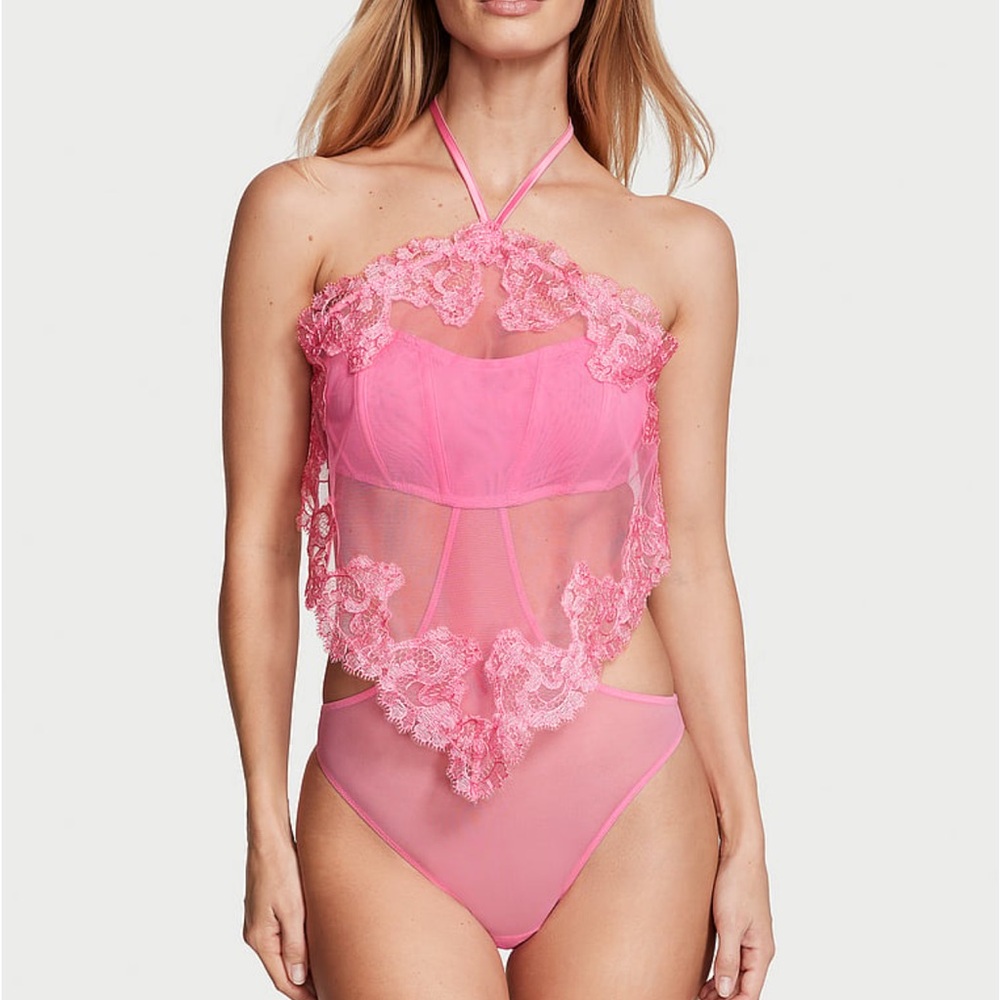 Victoria’s Secret Sheer Boho Floral Embroidery Halter-Neck Teddy Tickled Pink XS